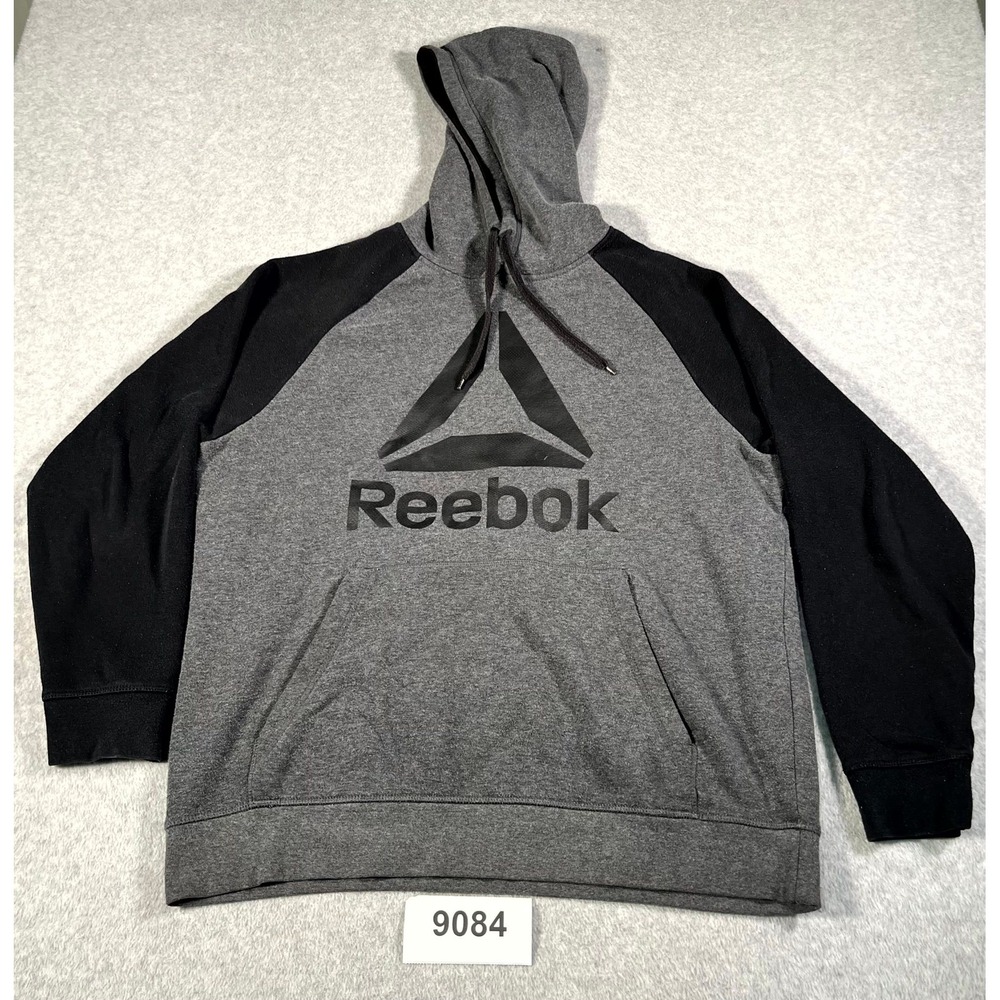 Reebok Hoodie Mens Large Gray Black Fleece Cotton Graphic Logo Hooded Pullover